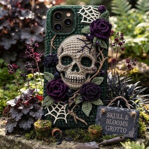 May include: A dark green crochet phone case featuring a central beige skull, deep purple crocheted roses, green leaves, and white spiderweb accents. The case has a textured, handmade appearance with intricate stitching and decorative floral elements.