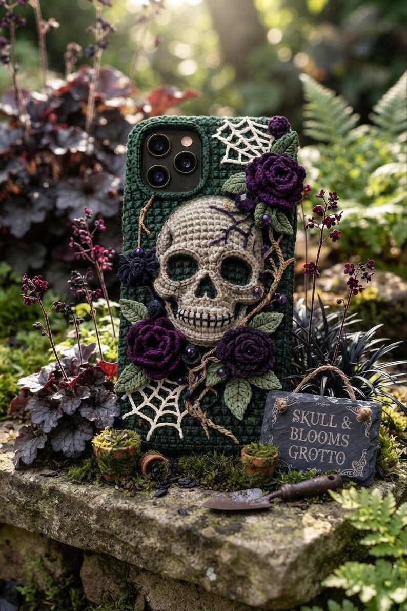 May include: A dark green crochet phone case featuring a central beige skull, deep purple crocheted roses, green leaves, and white spiderweb accents. The case has a textured, handmade appearance with intricate stitching and decorative floral elements.