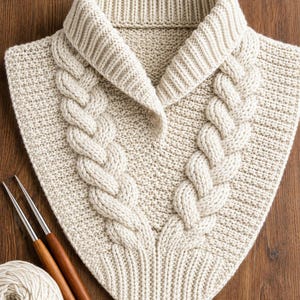 May include: A cream-colored knitted cowl with a wide ribbed collar and two prominent vertical cable knit patterns. The garment features a textured seed stitch base and a pointed bottom edge, accompanied by two wooden knitting needles and yarn.