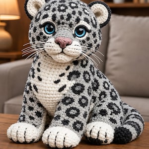 Puede incluir: Un juguete de peluche tejido a mano de un leopardo de las nieves con hilo gris y blanco, con manchas negras, grandes ojos azul brillante, una nariz rosa y largos bigotes blancos. El animal de peluche está en posición sentada con una cola larga.