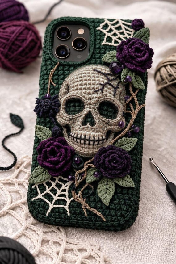 Skull Crochet Phone Case Pattern, Gothic Rose Phone Cover
