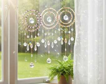 Natural Crystal Suncatcher: Double Hoop Prism Light Catcher (60cm)