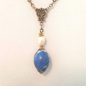 Romantic Victorian Style Blue/White Egg-shaped Magnesite and Freshwater Pearls Necklace, Best Gift of Sentimental and Romantic Love to Her