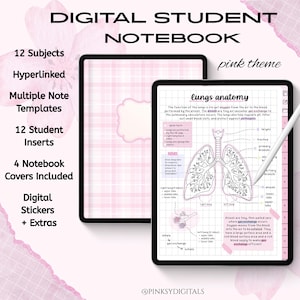 Peut inclure: Un carnet d'étudiant numérique au thème rose, comprenant 12 sujets, des pages hyperliées, plusieurs modèles de notes, 12 encarts et 4 couvertures. L'écran affiche une page quadrillée intitulée lungs anatomy avec un schéma et un stylet.