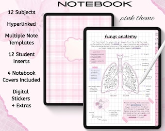 May include: A digital student notebook with a pink theme, featuring 12 subjects, hyperlinked pages, multiple note templates, 12 student inserts, and 4 covers. The screen displays a grid-lined page titled lungs anatomy with a diagram and stylus.