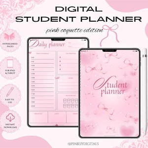 May include: A digital student planner in a pink coquette edition displayed on two tablets with a stylus. The screen shows a daily planner layout with a schedule, top priorities, notes, and water intake trackers, decorated with pink bow graphics.