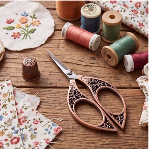 May include: Copper-toned metal embroidery scissors with intricate cut-out scrollwork on the handles, accompanied by a copper thimble, several wooden spools of colored sewing thread, and pieces of white fabric featuring floral embroidery and prints.
