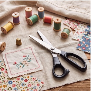 Puede incluir: Tijeras de zig-zag con mangos negros y hojas plateadas sobre una tela de lino beige. La escena incluye varios carretes de hilo de madera de colores, un pequeño dedal dorado y retazos de tela cuadrados con motivos florales.