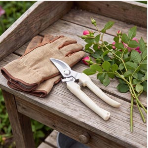 Könnte beinhalten: Eine Gartenschere mit cremefarbenen Griffen und einer silbernen Metallklinge, platziert neben einem Paar beigefarbener, strukturierter Gartenhandschuhe und einem kleinen Bündel grüner Stängel mit rosa Rosenknospen auf einer verwitterten Holzoberfläche.