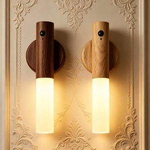 May include: Two cylindrical wall-mounted lamps featuring a wooden base and upper body with a frosted glass lower section. One lamp is crafted from dark walnut wood, while the other is made of light oak wood. Both include a small black sensor.