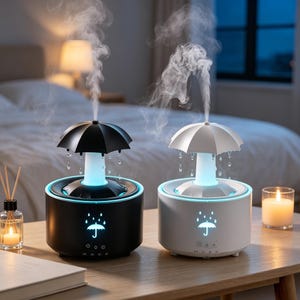 Puede incluir: Dos humidificadores cilíndricos, uno negro y otro blanco, cada uno con un difusor en forma de paraguas que emite niebla. Las unidades muestran un icono de paraguas brillante, una luz de anillo azul claro y pequeños detalles de gotas.