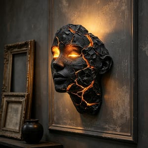May include: A wall-mounted sculpture of a human face with a dark, cracked, stone-like texture. The fissures in the surface emit a bright, warm orange glow, particularly from the eye sockets and the irregular cracks across the forehead and cheek.