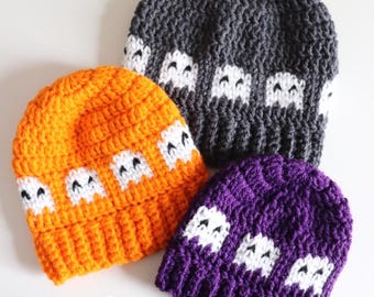 Ghosts in a Row Crochet Halloween Hat Pattern - Printable PDF