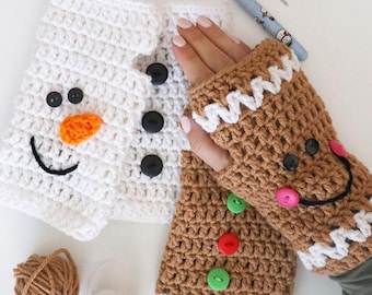 50-Minute Crochet Fingerless Gloves Pattern – Christmas Gingerbread, Snowman + Kids Size