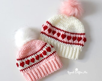 Crochet Hearts in a Row Striped Hat Pattern - Newborn to Adult Sizes