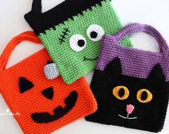 Halloween Crochet Tote Bag Pattern - Jack-o-lantern, Frankenstein, Black Cat