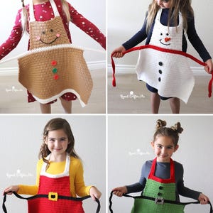 May include: Four crochet aprons in a variety of festive designs. The aprons include a gingerbread man, snowman, Santa, and elf. Each apron has a unique design with colorful accents and ties.