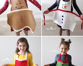 Kids Crochet Christmas Aprons Pattern - Gingerbread, Snowman, Santa, Elf
