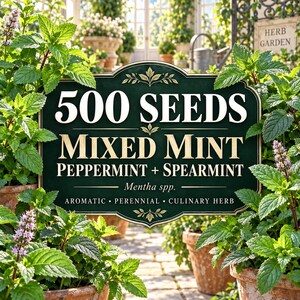 Könnte beinhalten: Ein dunkelgrünes rechteckiges Schild mit dekorativen Goldrändern und dem weißen Text 500 SEEDS MIXED MINT PEPPERMINT + SPEARMINT Mentha spp. AROMATIC PERENNIAL CULINARY HERB, umgeben von üppigen grünen Minzepflanzen in Terrakottatöpfen.