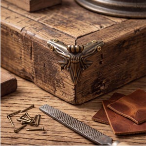 May include: A decorative bronze-toned metal corner protector with an ornate, symmetrical design attached to the corner of a rustic wooden box with four small screws. The hardware features a detailed, raised pattern and a weathered, metallic finish.