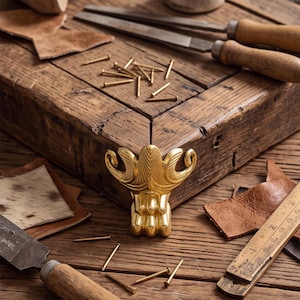 May include: A gold-toned metal furniture foot with a decorative claw and scroll design, positioned on a wooden surface alongside metal files, small nails, leather scraps, and a wooden ruler showing imperial measurement markings.