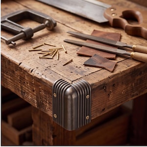 Könnte beinhalten: Ein dunkler Eckenschutz aus Metall mit geripptem Design ist an der Kante einer verwitterten Werkbank aus Holz befestigt. Auf der Oberfläche liegen eine Metallschraubzwinge, eine Handsäge, zwei Metallfeilen, kleine Messingnägel und Lederstücke.