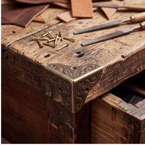 May include: A brass-toned metal corner protector with an embossed scrollwork pattern attached to the corner of a wooden box. The hardware features three small circular holes for mounting, and several small brass nails are scattered nearby.