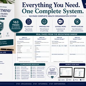 Könnte beinhalten: Ein Brightmind Studio Ordnersystem für medizinische Nachweise und Behinderungen mit 163 Seiten druckbarer und ausfüllbarer Formulare. Das Set enthält 15 organisierte Module zur Gesundheitsverfolgung und für Krankenhausbesuche in einem weißen Ordner.