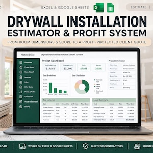 May include: A laptop displaying the MethodVale Drywall Installation Estimator & Profit System software interface, featuring project dashboards, cost breakdowns, and labor summaries. A yellow 25-foot measuring tape sits on the desk in the foreground.