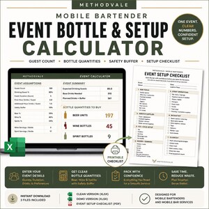 Puede incluir: Una calculadora digital de botellas y configuración de eventos para camareros móviles, con una interfaz de hoja de cálculo Excel en una pantalla de portátil y una lista de verificación imprimible. Incluye secciones para invitados y cantidades.
