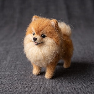 以下が含まれることがあります： ニードルフェルトで作られたポメラニアンの犬のフィギュア。頭部と背中はゴールデンブラウン、胸と脚は明るいクリーム色というグラデーションの、密度が高くふわふわとした毛並みが特徴的な羊毛フェルトの彫刻作品です。