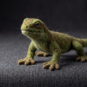 May include: A needle-felted lizard figurine crafted from wool fibers in shades of olive green and dark brown. The lizard features a textured, fuzzy surface, a distinct head with dark eyes, and four legs with visible toes, standing in a forward-facing pose.