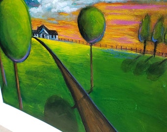 Just before sunset original mixed media painting 8.5 x 12 heavy paper painted area 5-3/4 x 9 wall art landscape trees home decor artwork