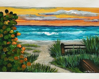 Secret Path 5-3/4×9 painted area  original landscape ocean hand painted mixed media wall decor on 8 x 12 paper bright colors acrylic paint