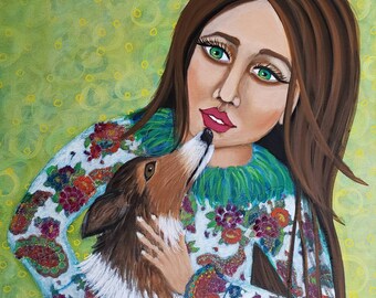 Reunited 16x20 orginal painting on stretched canvas sheltie portrait childrens art wall art hand painted stylized art collie painting dog