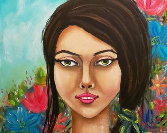 16 x 20 orginal painting intuitive portrait artwork acrylic on stretched canvas stylized whimsical art colorful floral art inspirational fac