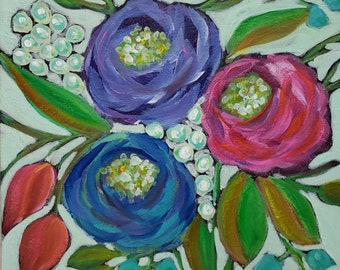 Nesting Flowers 10x10 orginal hand painted floral on stretched canvas bright colored flowers loose flowers intuitive painting wall art artsy