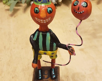 Pumpkin face,whimsical pumpkin with a pumpkin balloon on a wire, colorful pumpkin character, handmade air dry clay Halloween character