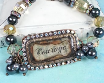 MIxed Media Bracelet//handmade soldered bezel//upcycled metal bracelet//handmade mixed media bracelet//rhinestones soldered around a bezel