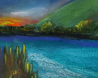 A fire in my soul 8.5 x 12 original landscape artwork on heavy paper mixed media colorful blues mountain sky river abstract landscape art