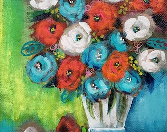 Mini flowers 6x6 hand painted florals on a canvas panel