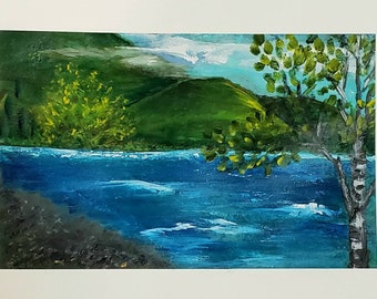 Ripples in time original art on heavy paper landscape art needs framed river art small artwork intuitive colorful  peaceful art collector