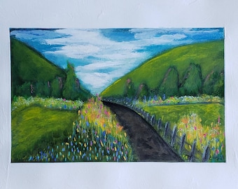 Follow me original landscape artwork 5-3/4 x 9 painted area colorful landscape dreamy joyful wall art small different mysterious floral art