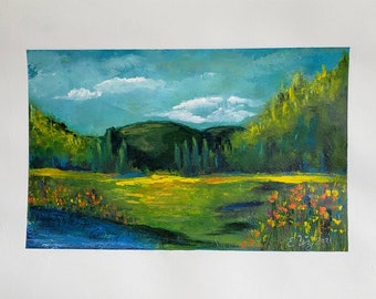 A Quiet Place 8.5 x 12 on paper. Painted area 5 3/4 × 9. I love the sky and clouds in this original painting. Mountains clouds field sky art