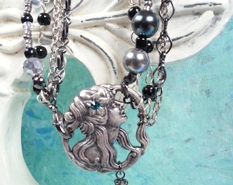 Mermaid Jewelry//Mermaid Bracelet//Handmade Bracelet//Multi Strand Bracelet//Silver bracelet//art jewelry//mermaid//Black bracelet//