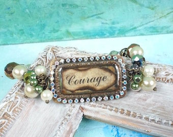 Mixed Media Bracelet//Inspirational Bracelet//long length bracelet//Ice Resin//Handmade bezel//UpCycled Jewelry//rhinestone Bracelet//Charms