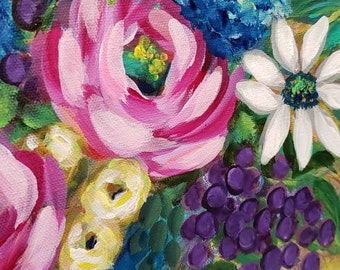 Timeless 20 x 24 orginal floral painting yellow magenta brightly painted flowers intuitive painting stylized floral art artwork cheerful art