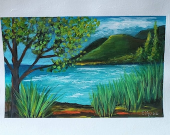 By The Rivers Edge 8.5 x 12 heavy paper 5-3/4 x 9 painted area original landscape painting wall art colorful landscape mountain lake tree
