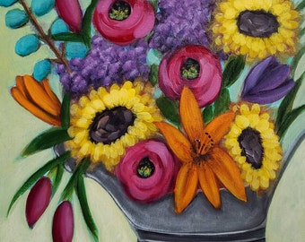 SunFlowers in a milk can 16x12 original painting on a canvas board bright whimsical wall art floral painting sun flower farmhouse decor wild