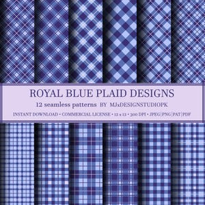 Könnte beinhalten: Eine digitale Sammlung von 12 nahtlosen königsblauen Schottenmustern mit verschiedenen Gitter- und Diagonal-Karodesigns. Der Text lautet: ROYAL BLUE PLAID DESIGNS, 12 seamless patterns BY MJxDESIGNSTUDIOPK, INSTANT DOWNLOAD, COMMERCIAL LICENSE, 12 x 12, 300 DPI, JPEG, PNG, PAT, PDF.